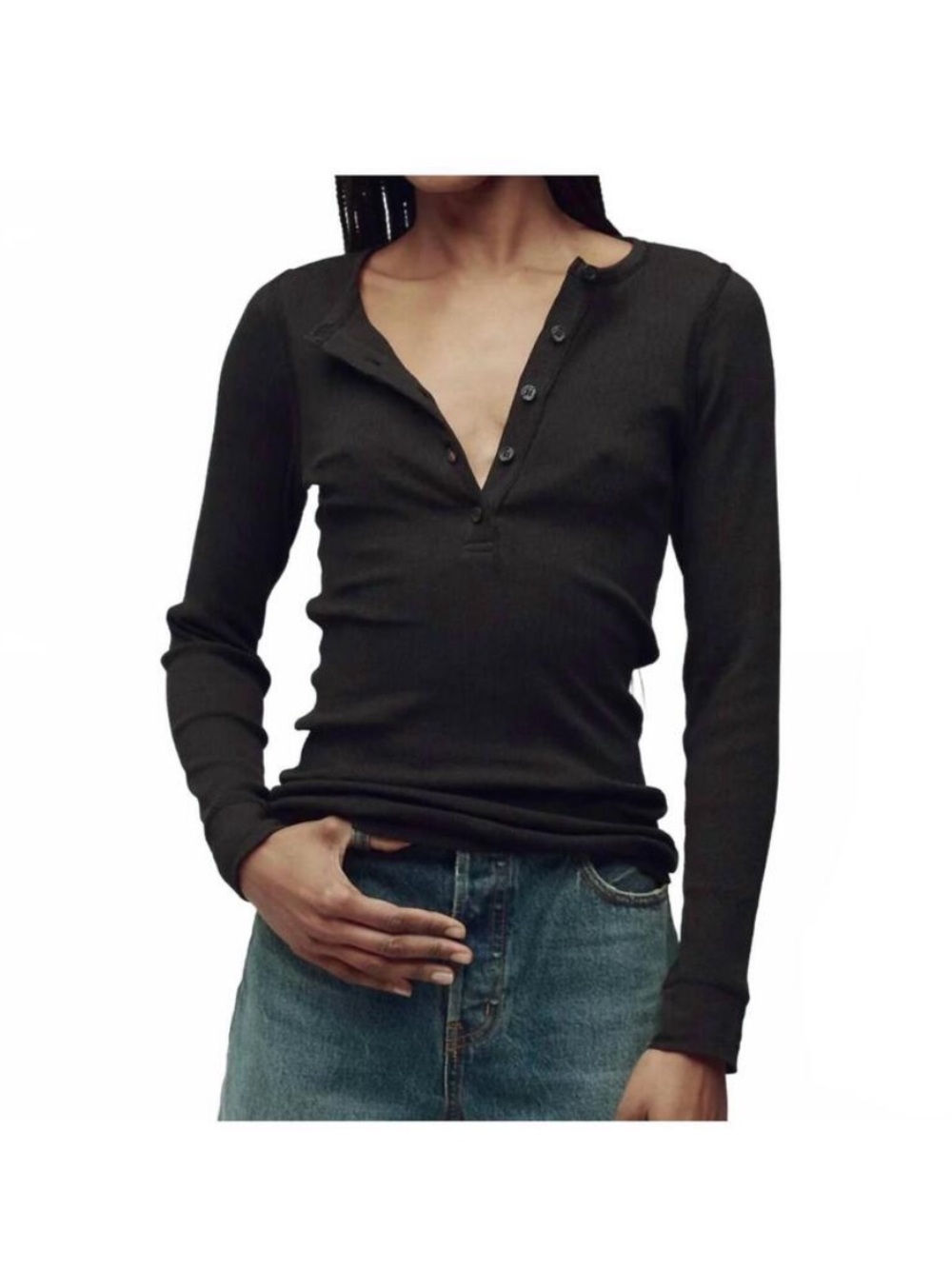 THE GREAT. the baby rib henley top in black size Medium Black